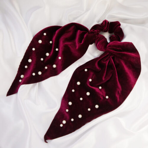 burgundy velvet pearl ribbon hair scrunchie
