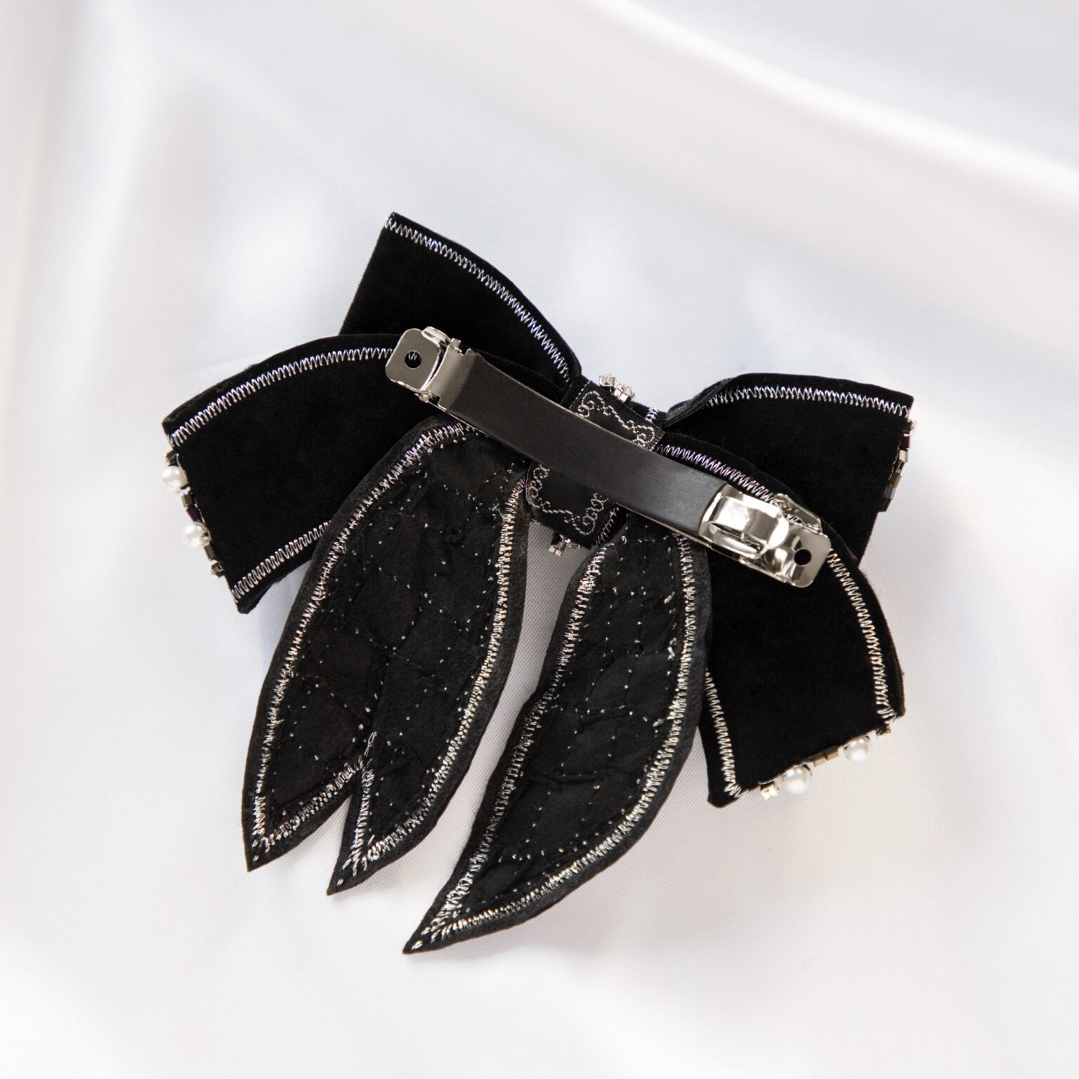 Black Velvet Pearls and Crystal Hair Bow - Luxury Hand Made