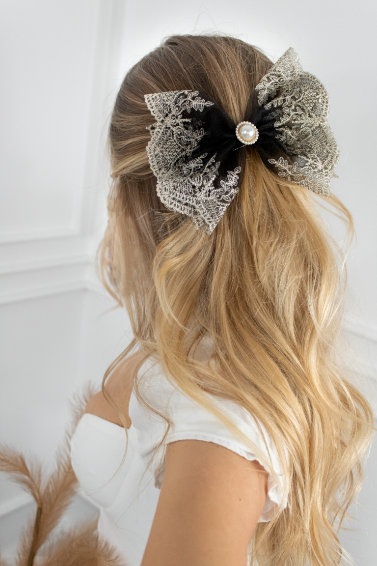 Black And Ivory Embroidered Hair Bow Bridgerton 0877
